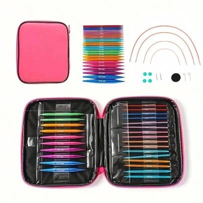 可拆卸环形针套装，DIY钩针工具，附赠精美收纳袋 - 玫瑰红（颜色随机）