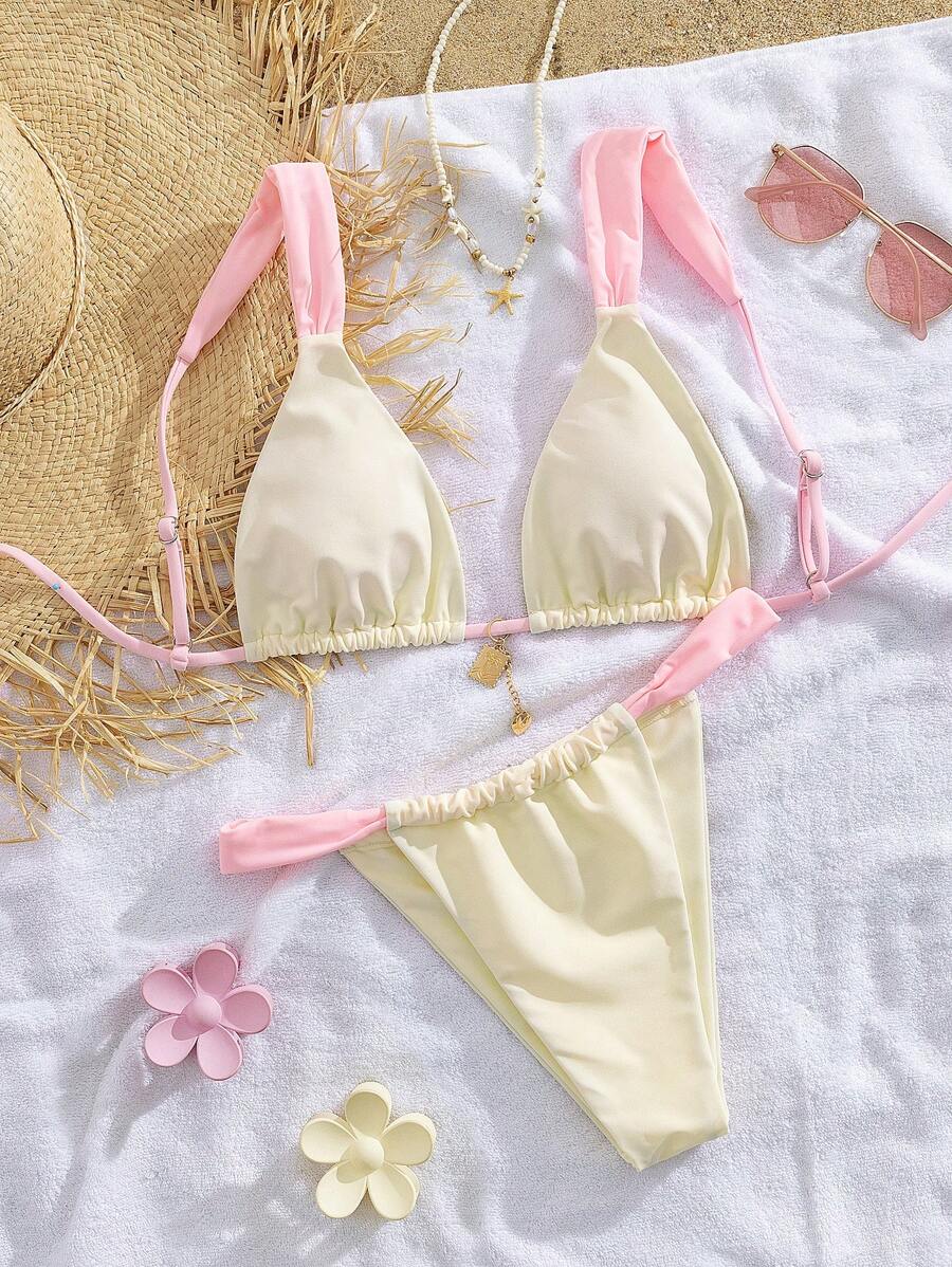 PEPPERMOLLY 全新可调节肩带印花系带优雅派对比基尼套装，夏季海滩时尚女士泳装 - 米色1 - 查看 1