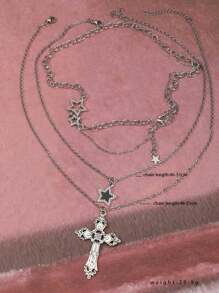 3pcs/Set Retro Gothic Style Star, Meteor, Cross Pendant Necklace Set For Women, Punk Style
