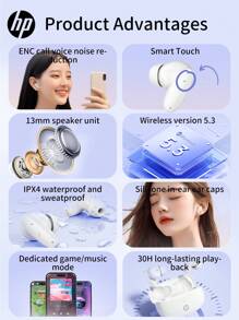 HP无线蓝牙耳机，运动休闲耳机，兼容iPhone、安卓和iOS系统，ENC降噪功能 - 男女老少皆宜，是万圣节和圣诞节的绝佳礼物 - 白色 - 查看 5