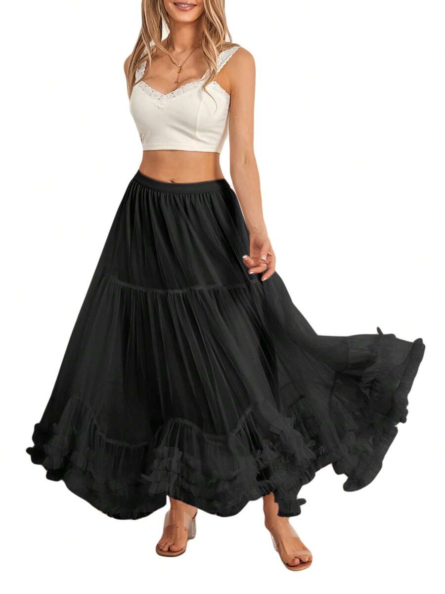 Womens Tulle Long Skirts Elastic High Waist Ruffle Hem Tutu Skirts Fluffy A-Line Midi Skirts
