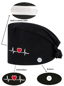 1 件女士高档棉涤纶材质心形刺绣设计系带护士帽，抗菌防尘，后部松紧，侧面有口罩带钩，适合医生、护士以及所有医务、美容、兽医工作者 - 彩色 - 查看 3