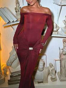 女式金属扣露肩褶饰修身连衣裙，时尚街头风格 - 酒紅色 - 查看 6