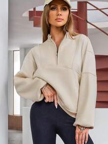 hoteel Women Half Zip Oversized Sweatshirts Long Sleeve Fleece Cropped Pullover Workout Warm Tops With Pockets - 杏色 - 查看 1