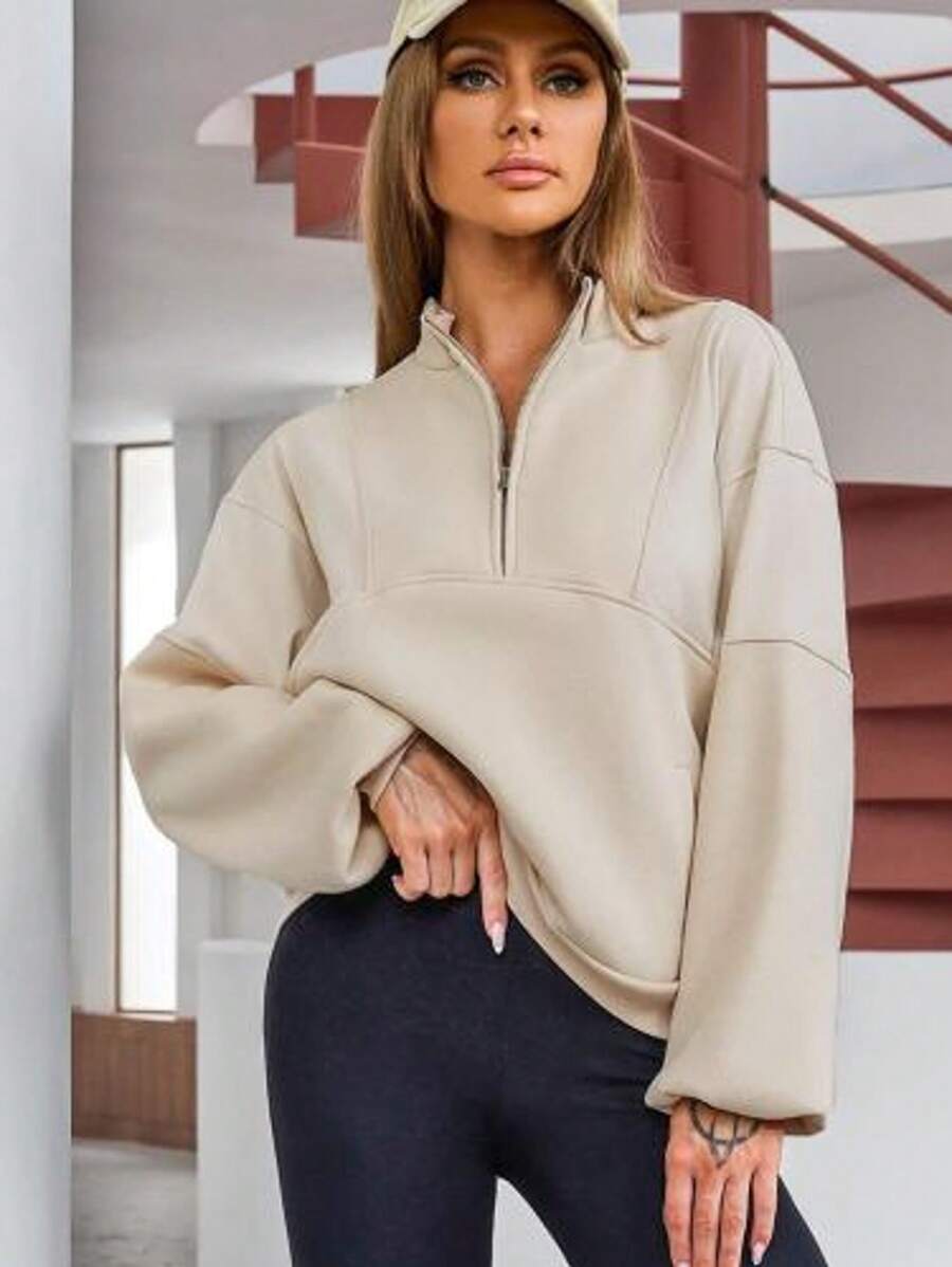 hoteel Women Half Zip Oversized Sweatshirts Long Sleeve Fleece Cropped Pullover Workout Warm Tops With Pockets - 杏色 - 查看 1