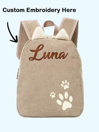 Ghiozdan pentru înapoi la școală pentru copii de 3-6 ani - Geantă personalizată din catifea reiată cu animale, broderie cu nume, drăguț elementar pentru preșcolari și grădinițe