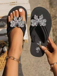 2025 New Summer Fashionable & Comfortable Crystal Embellished Butterfly Sandals, Casual Beach Style - Black - View 6