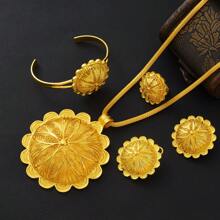 Bộ trang sức rỗng cổ điển thời trang màu vàng 4 món, hoa tai, nhẫn, vòng cổ, vòng tay kết hợp, quà tặng cho phụ nữ dự tiệc, sinh nhật - A - Xem 6