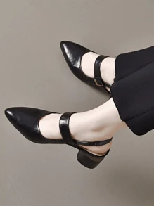 2pcs Chunky Heel Closed Toe Sandals, Soft Leather Upper, Pointed Toe Design With Ankle Strap, Low Vamp Casual Shoes For Summer, Versatile Medium Heels Mules