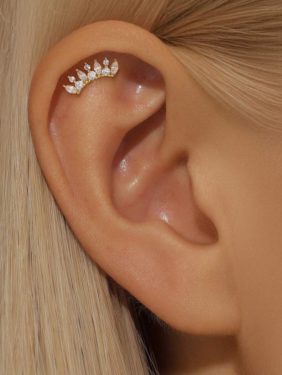 SereneSpark 1Pc S925 Sterling Silver Crown Zirconia Flat End Piercing Earring Women Daily Fine Jewelry - Gold - View 1