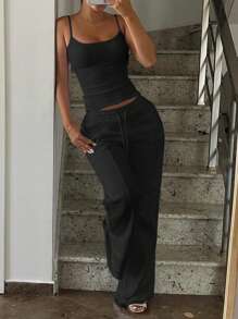 Women Solid Color Camisole & Drawstring Waist Pants Casual Suit - Black - View 2