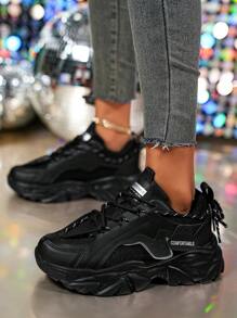 Women's Outdoor Spring/Summer Stylish Fashion Versatile Comfortable Soft Non-Slip Low-Top Solid Black Sneakers Casual Shoes Chunky Sneakers - Black - View 4
