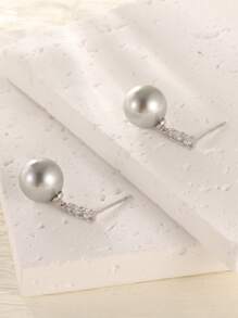 1 Set de Joyería elegante y suave con cubic zirconia en tono plateado, aretes y collar de perla gris simulada de plata esterlina 925, adecuado para uso diario de mujeres y como regalo