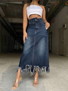 Y2K Style Non Elastic Straight Leg Denim Skirt With Zipper Buttons, Irregular Waistband, And Tassel Skirt, Cool, Sweet, And Spicy Outfit - Rửa tối - Xem 6