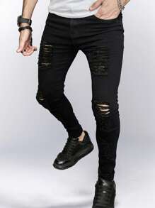 Men's Stretch Distressed Slim Fit Jeans With Patches, Fashionable Casual Motorcycle Pants