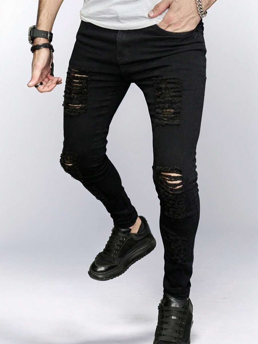 Men's Stretch Distressed Slim Fit Jeans With Patches, Fashionable Casual Motorcycle Pants