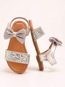 1 Pair Of Girls' Silver Glitter Mesh Bow Sandals With Sequins, Exposed Toes, Low Cut, Hook And Loop, Flat Heel, Sweet Princess Style Sandals, Summer Performance, Daily Matching Shoes - Silver - View 3