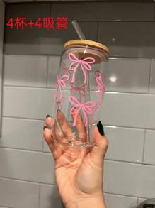 1 件 480 毫升可爱蝴蝶结杯套装，带竹盖和吸管，送给朋友圣诞老人的节日礼物，圣诞礼物， - 無色 - 查看 6