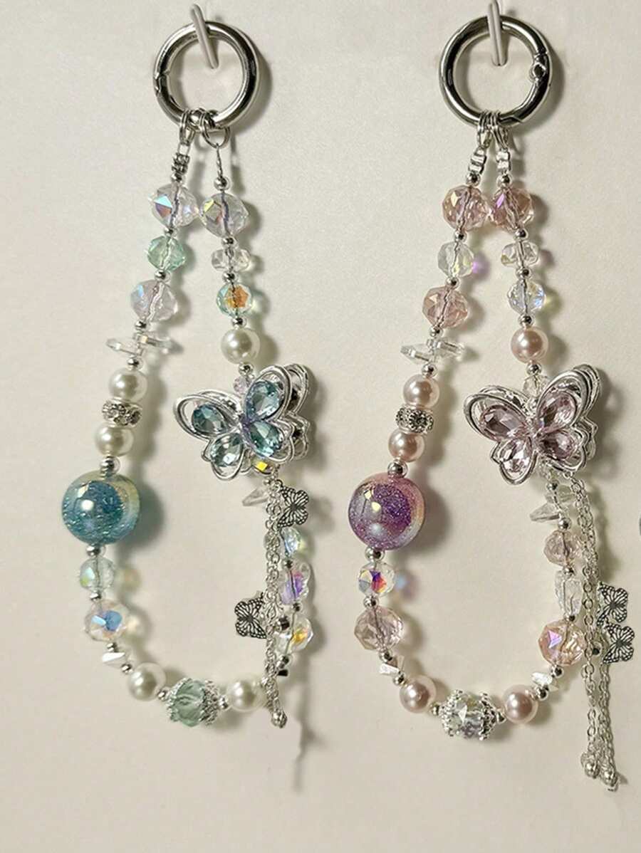 1PC Luxury Glitter Rhinestone Butterfly Tassel Bead Phone Bracelet Strap Charm Chain Knot Cellphone Lanyard Keychain Bag Camera Keychain Girl Gift