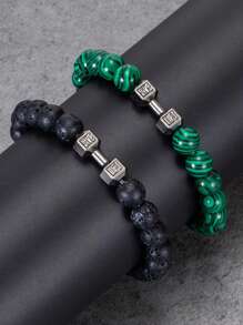 2pcs Dumbbell Bracelet Set Men Matte Black Lave White Beads Charm Dumbbell Strand Bracelets Women Barbell Fitness Jewelry