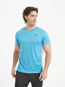 Men's V Neck Set-In Short Sleeve T-Shirt - Heather Teal/White - View 4