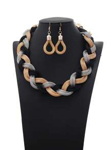 3pcs/set Mixed Color Braided Necklace & Earring Set, Zinc Alloy Jewelry Accessories - Black and White - View 7