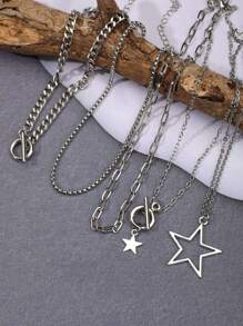 5 件 Y2K 复古哥特式朋克摇滚风格星形多层项链，女士百搭朋克星形颈链套装 - 銀色 - 查看 1
