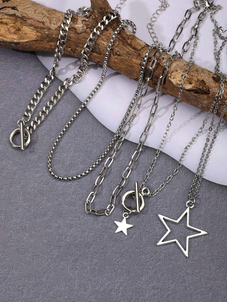 5 件 Y2K 复古哥特式朋克摇滚风格星形多层项链，女士百搭朋克星形颈链套装 - 銀色 - 查看 1