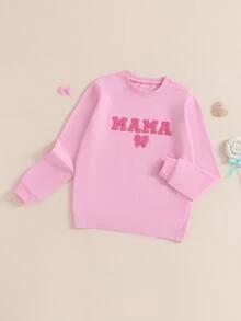 Mommy And Me Matching Outfits Christmas/Halloween Matching Sweatshirts Mama/Mini Letter And Bowknot Embroidery Long Sleeve Crewneck Pullover Shirt Blouse Top Mom And Daughter Matching Holiday Party Clothes - Pink - View 7