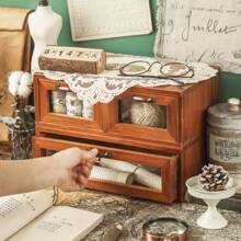 1 Pc Vintage Computer Monitor Stand, Wooden Desktop Storage Box With Glass Drawer, Office Vanity Organizer