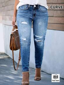 Plus Size Women's Skinny Jeans; Basic, Versatile, Simple, Ripped, Stretchable, Ankle-Length Jeans