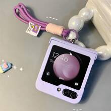 Minimalist Cute Purple Phone Case With Wrist Strap, Compatible With Samsung Galaxy Z Flip 5, Z Flip 6, Shock-Resistant Back Cover, Waterproof, Anti-Fall, Anti-Scratch - Purple - View 2