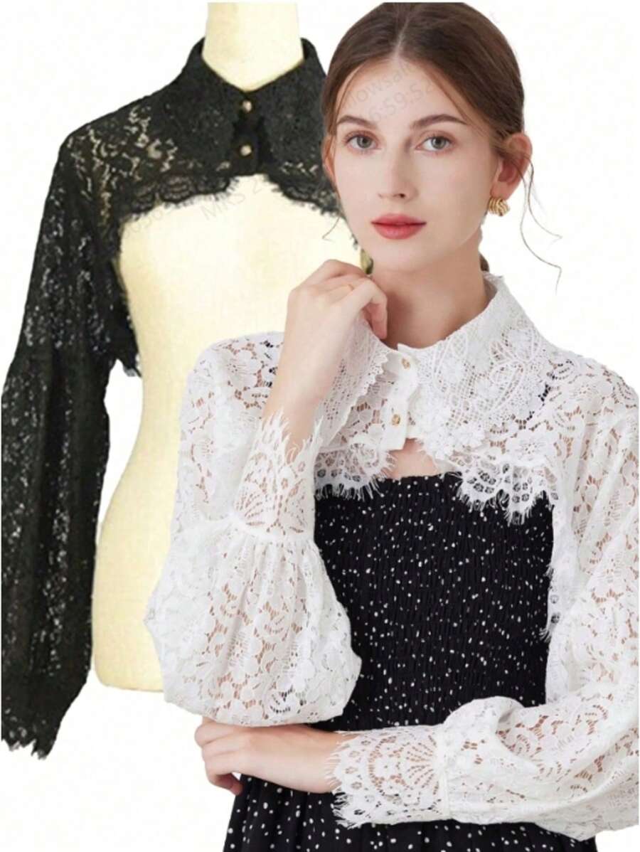1pc Women Fashion Lace Long Sleeve Shrug Crop Top With Eyelash Trim, Midriff Baring Semi-Blouse Mock Neck Style - Black - View 1