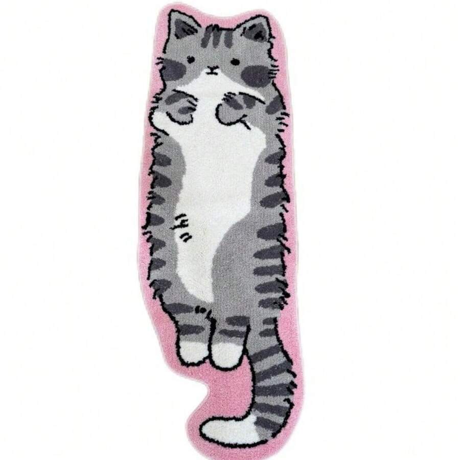 Cute Cat Tufted Rug, 20"X60", Non-Slip Soft Polyester, Animal Pattern, Ideal For Bedrooms & Living Rooms, Fun Cat Design - Grey - View 1
