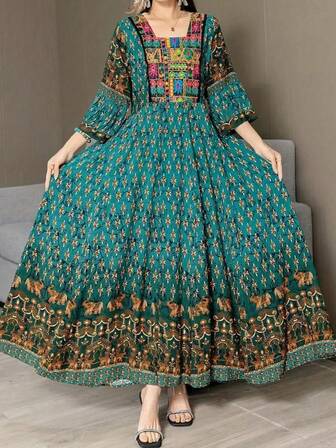 Middle East, Arab, Casual, Bohemian, Embroidery, Artistic, Retro, Vacation And Tourism Grand Dress, Modest