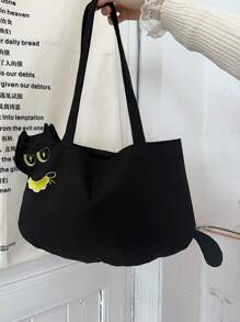 可爱卡通小猫印花手提帆布包，可爱女士单肩包，宽敞的学生手提包和购物袋 - 黑色 - 查看 3