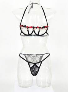 Sexy Embroidered Flower Strappy Erotic Bra Set - Red - View 6