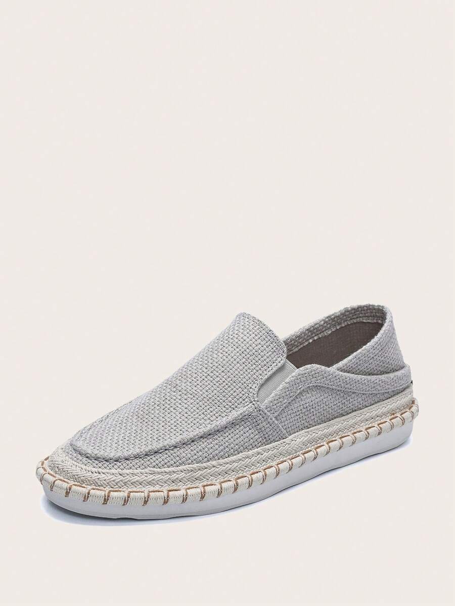 Men's Breathable Fisherman Shoes, Linen Round Toe Slip-On Flat Casual Canvas Shoes, Vacation Style, Solid Color, Summer - Grey - View 1