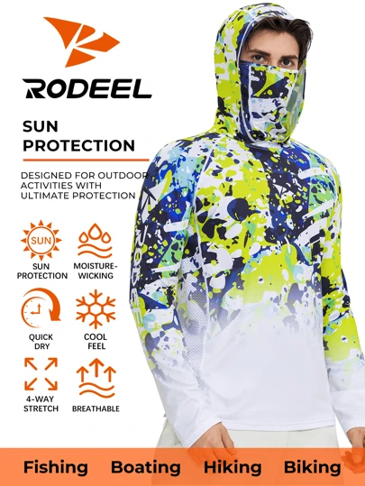 RODEEL Men's Hooded T-Shirt With Face Mask Gradient Printed Raglan Quick-Drying Breathable Long Sleeves Suitable For Outdoor Sports Fishing And Hiking