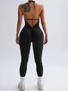 TCVC Women Seamless Drawstring Spaghetti Strap Backless Jumpsuit, Backless Seamless Knitted Romper, Indoor/Outdoor Sports Yoga, Soft Fabric, Bodycon Shaping - Black - View 4