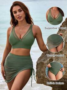Womens Swim Skirt High Waisted Bikini Sets Tummy Control Swimsuits Mesh Sarong Wraps Bathing Suits - Army Green - View 2