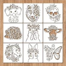9pcs Floral & Animal Stencil Set, 7.9x7.9 Inch Reusable Floral Skull Stencils With Metal Rings, Patterns Include Elephant, Cow, Rabbit, Wolf, Butterfly, Etc., Suitable For Painting On Wood, Walls, Farmhouse Style Canvas, Scrapbooks And Other Home Decor - White - View 1