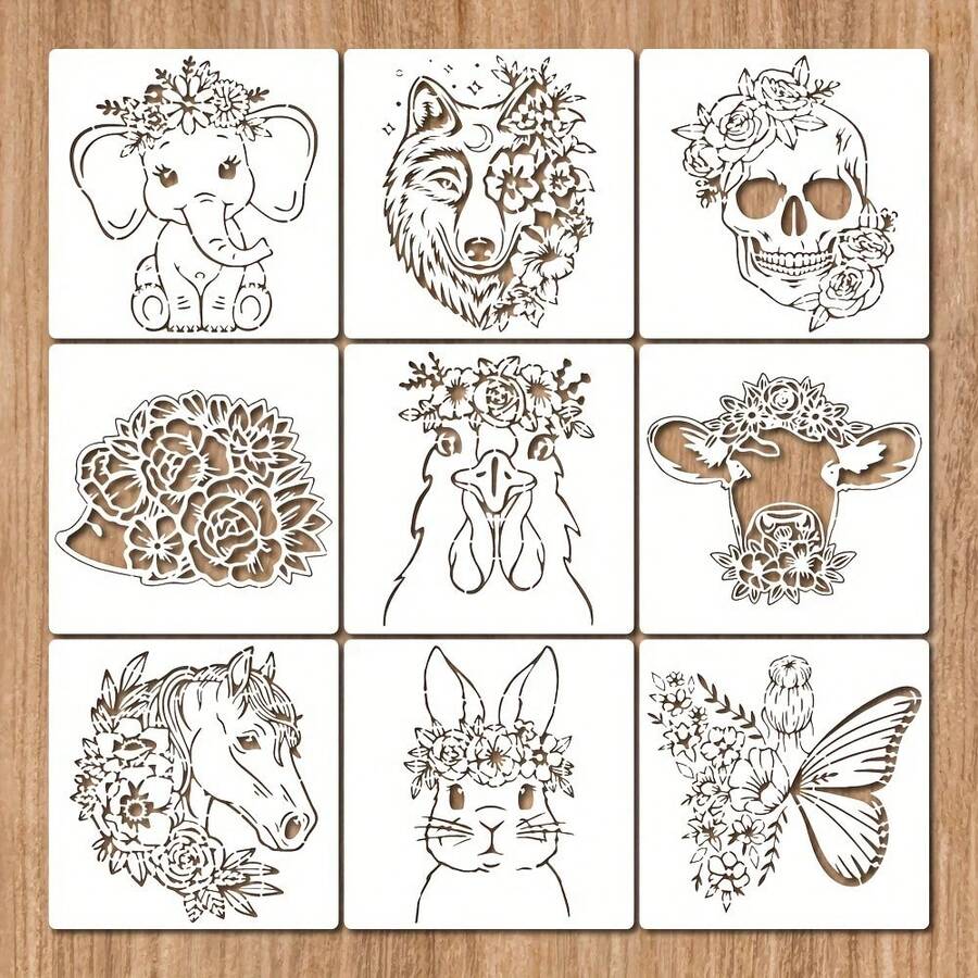9pcs Floral & Animal Stencil Set, 7.9x7.9 Inch Reusable Floral Skull Stencils With Metal Rings, Patterns Include Elephant, Cow, Rabbit, Wolf, Butterfly, Etc., Suitable For Painting On Wood, Walls, Farmhouse Style Canvas, Scrapbooks And Other Home Decor - White - View 1