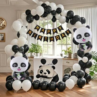 116pcs Panda Balloon Party Decoration, Black And White Themed Balloon Arch Kit With Happy Birthday Flag And Panda Foil Balloons, Suitable For Birthdays, Baptism, Gender Revelation, Anniversaries.