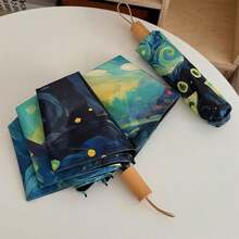[Van Gogh Inspired, Folding Umbrella] 1pc Black Cat Pattern Folding Umbrella - Van Gogh Inspired, Casual Cute Fashion Style, Manual Open, 8 Ribs, Pongee & Iron Material, Foldable Sunshade With UV Protection