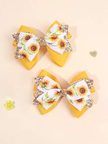 2pcs Sunflower Printed Hair Bows For Girls Champagne Glitter Bow Alligator Clips Spring Vitality Hair Clips Adorable Girls Pigtail Bows Barrettes Kids Hair Accessories - Multicolor - View 7