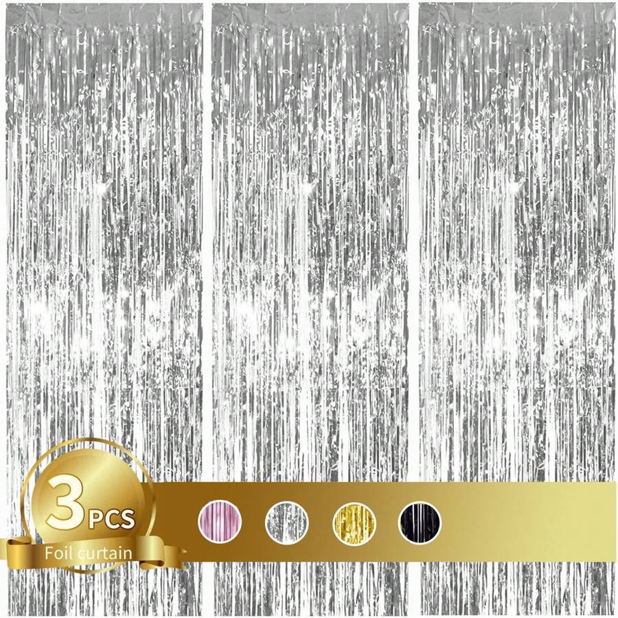 3pcs Metallic Foil Tinsel Fringe Curtains, Party Background Decoration, Birthday Party Wedding Decor Supplies