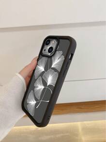 1pc Fashionable Black Ginkgo Leaf & Striped Pattern Anti-Fall Sandblast Phone Case, Compatible With Apple///Redmi/Infinix/Vivo