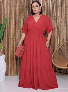 Plus Size Long Dress V Neck Short Sleeve - Tile - View 1
