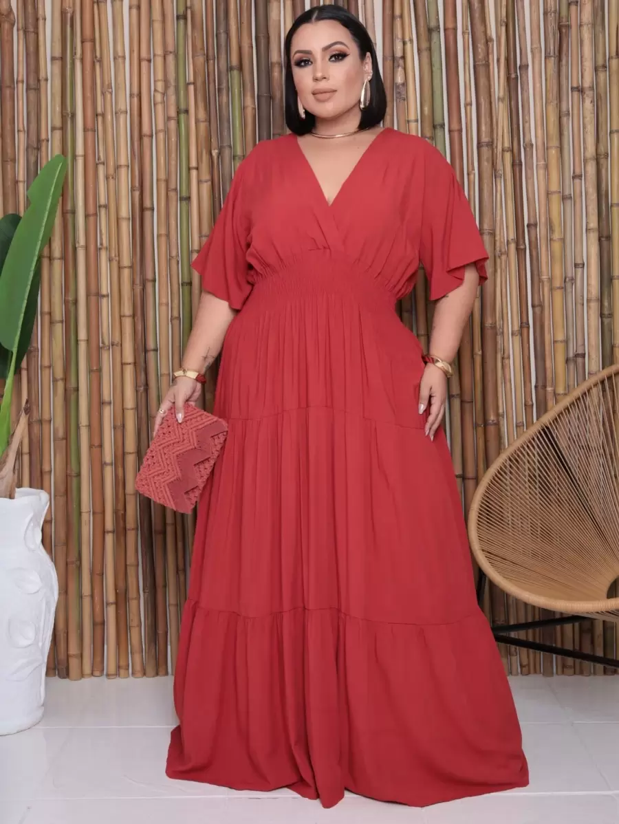 Plus Size Long Dress V Neck Short Sleeve - Tile - View 1